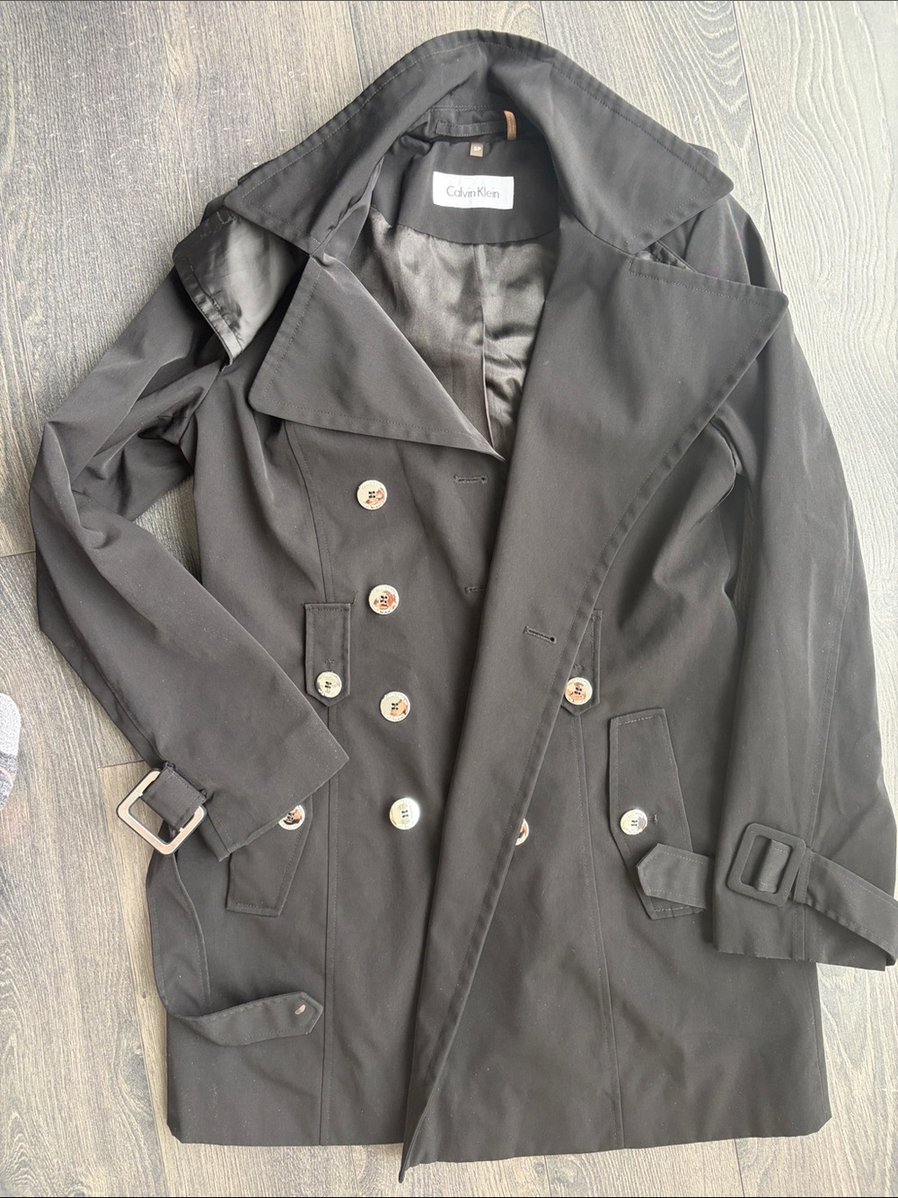 Calvin Klein Black Double-Breasted Trench Coat with Belted Cuffs